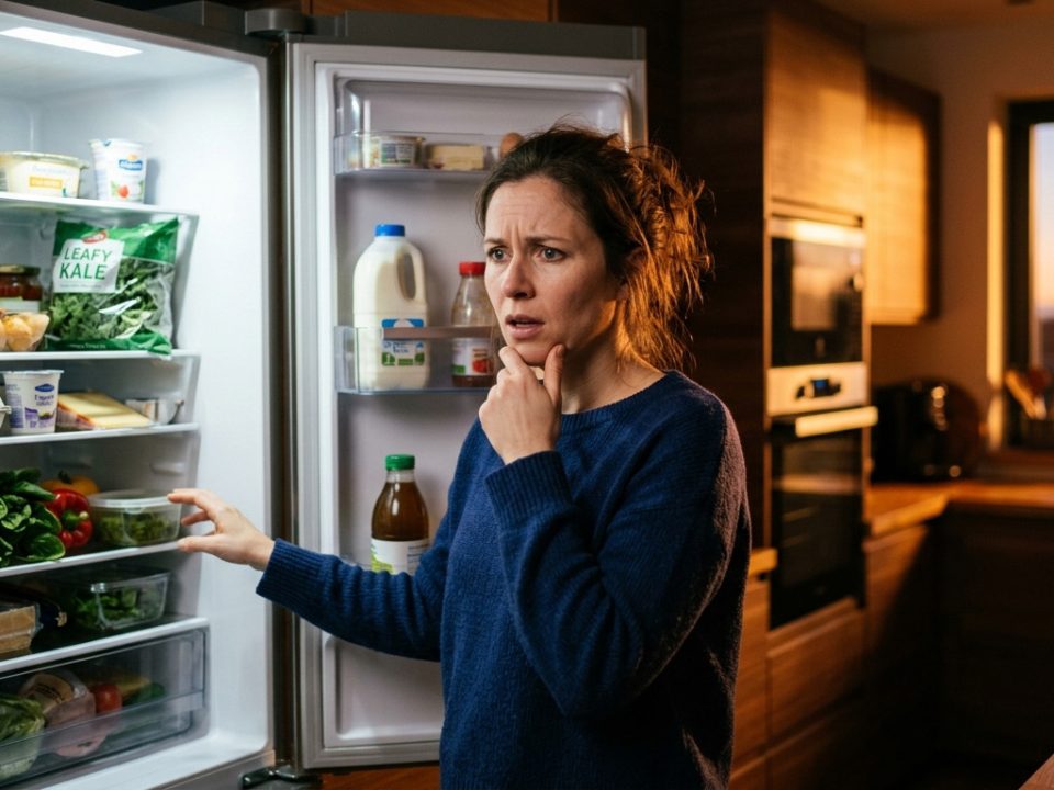 Femme devant son réfrigérateur se demandant quoi manger après un diagnostic de diabète, de cholestérol élevé ou d'hypertension.