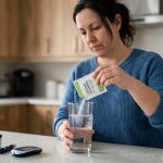 Femme versant un sachet de cétones exogènes dans un verre d'eau, avec glucomètre et bandelettes de test sur le comptoir
