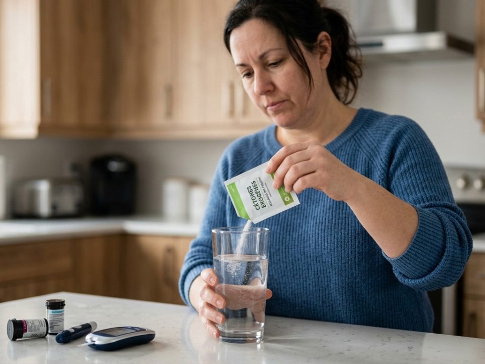 Femme versant un sachet de cétones exogènes dans un verre d'eau, avec glucomètre et bandelettes de test sur le comptoir