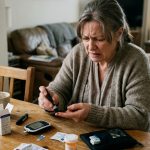Femme d'âge mûr l'air inquiète qui vérifie sa glycémie avec un glucomètre à table