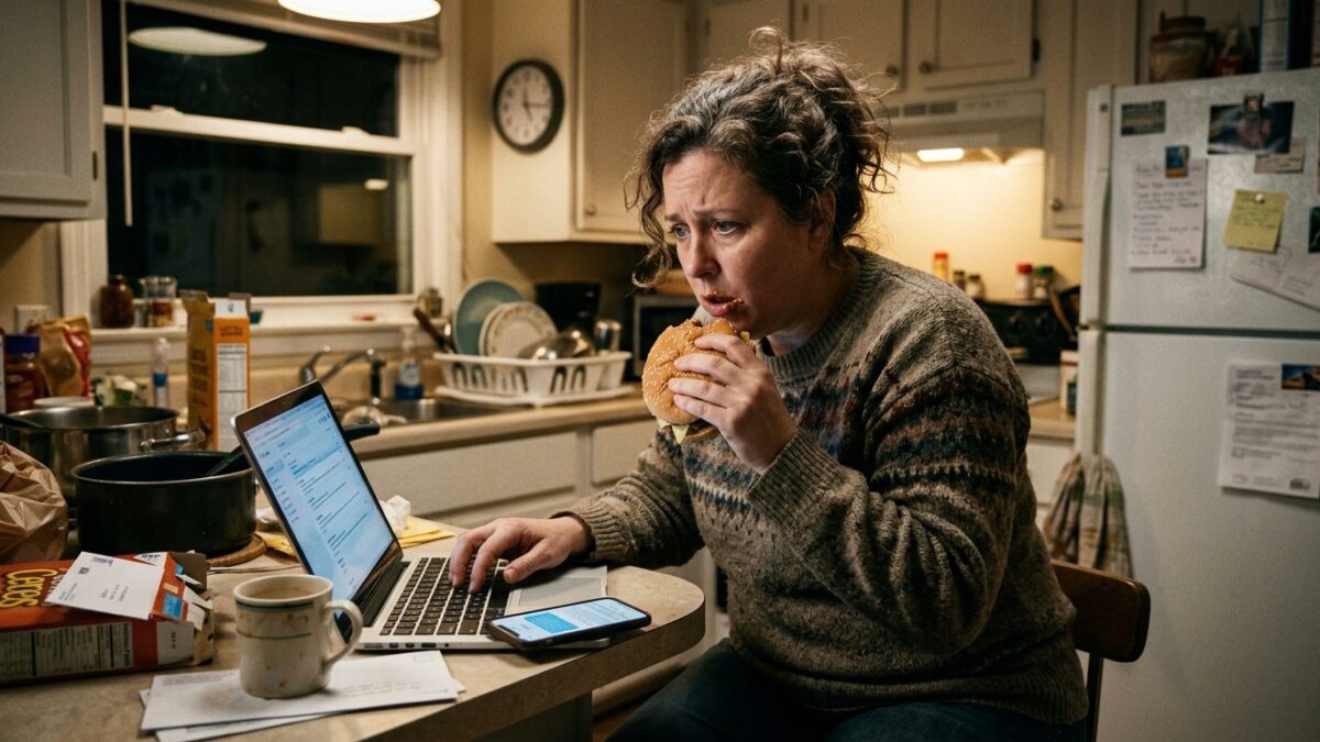 Femme stressée qui mange un hamburger devant son ordinateur, illustrant le lien entre stress et diabète de type 2