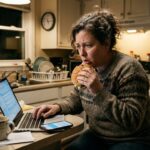 Femme stressée qui mange un hamburger devant son ordinateur, illustrant le lien entre stress et diabète de type 2