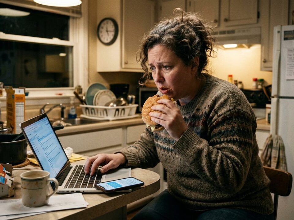 Femme stressée qui mange un hamburger devant son ordinateur, illustrant le lien entre stress et diabète de type 2