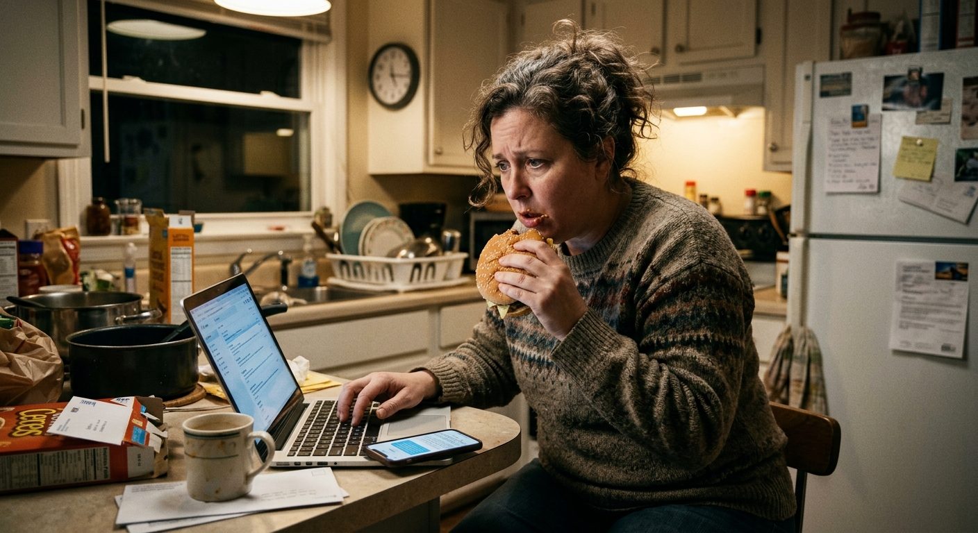 Femme stressée qui mange un hamburger devant son ordinateur, illustrant le lien entre stress et diabète de type 2