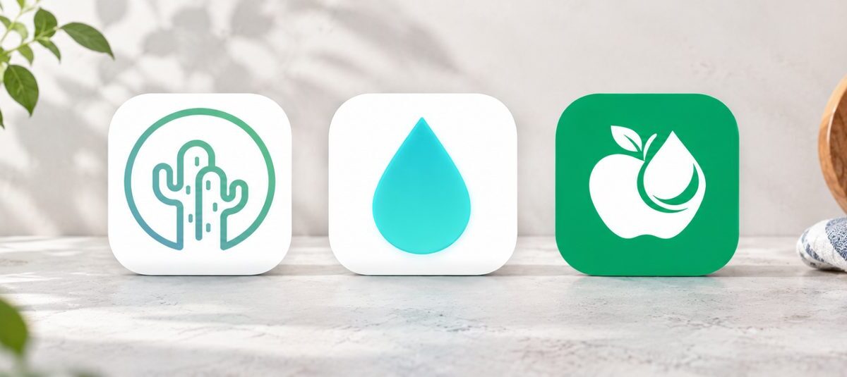 Icônes des applications Petit Cactus, Glyve et NutriGly posées sur un comptoir de cuisine
