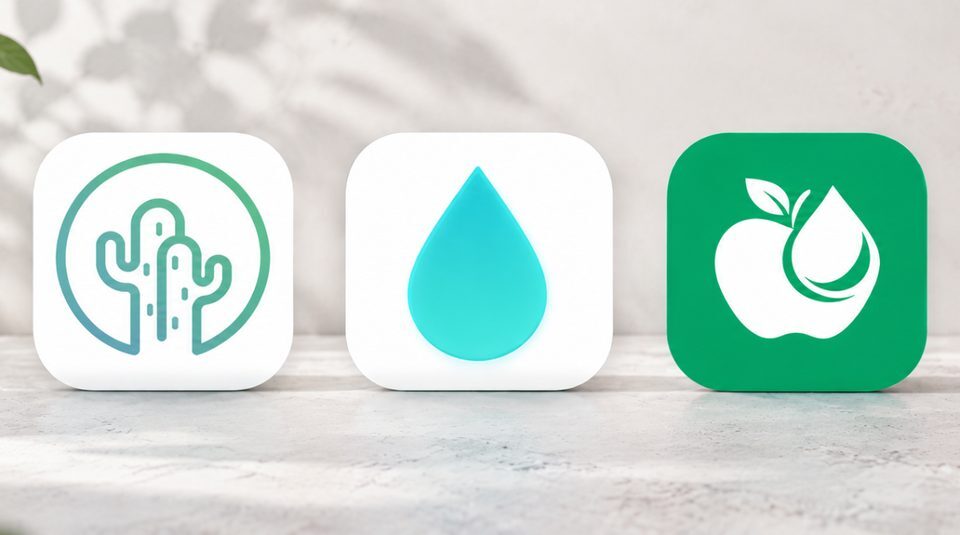 Icônes des applications Petit Cactus, Glyve et NutriGly posées sur un comptoir de cuisine