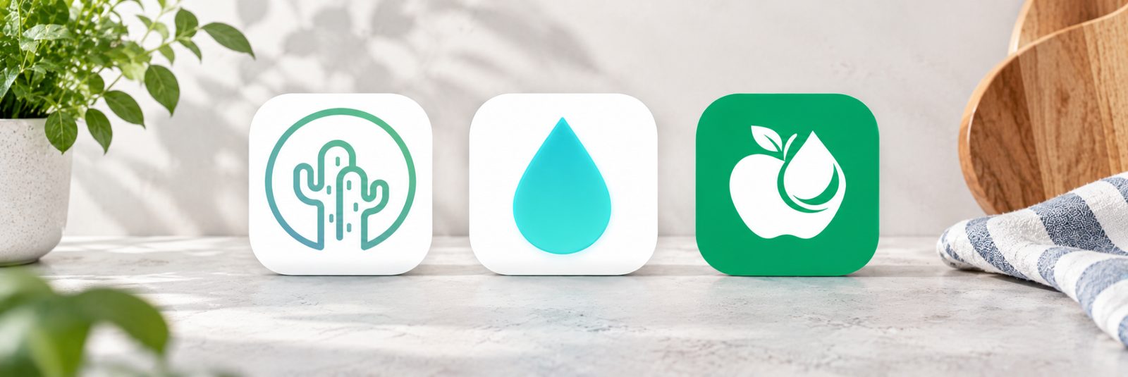 Icônes des applications Petit Cactus, Glyve et NutriGly posées sur un comptoir de cuisine