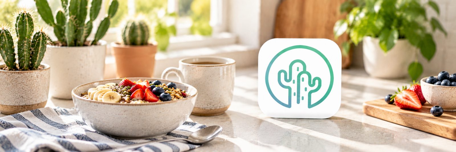 Icône de l'application Petit Cactus à côté d'un bol de déjeuner aux fruits